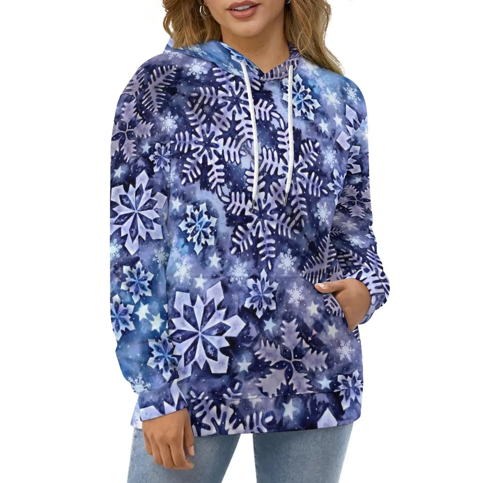 

Blue Snowflake Hoodies Fun Christmas Street Style Oversize Hoodie Women Long Sleeve Aesthetic Design Casual Hooded Sweatshirts