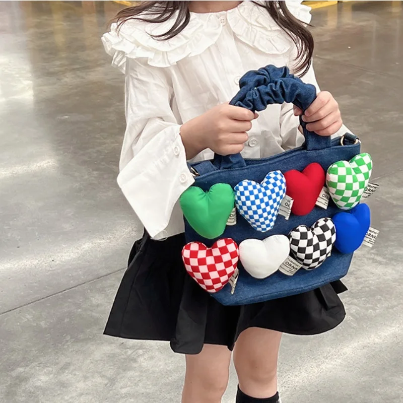 Love Heart Lattice Parent-child Canvas Fashion Shoulder Bags 2022 New Girl Boy Korean Style Personalized Cute Handbag All-match