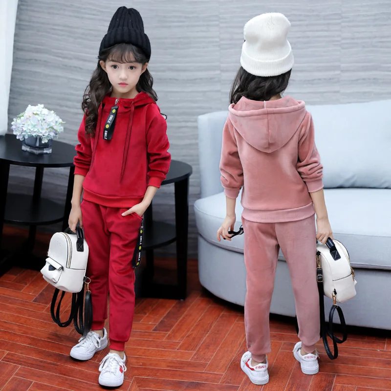 Autumn new girls sports suit gold velvet children's clothing suit baby kids sportswear big girl hoodie shirt + pants suit winter