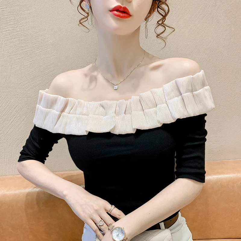 

2023 Summer Korean Clothes T-Shirt Women Chic Sexy Off Shoulder Patchwork Tops Short Sleeve Stereoscopic Body Shaping Tees 36071