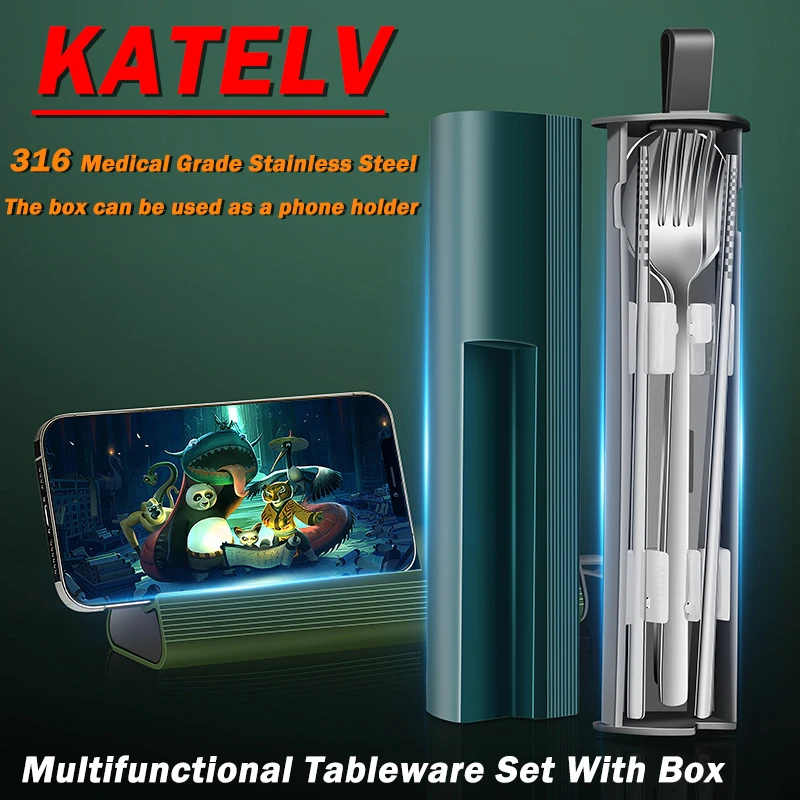 

New Portable Cutlery Set High Quality Stainless Steel Tableware Set Fork Spoon Chopstick Camping Travel Flatware Set With Box