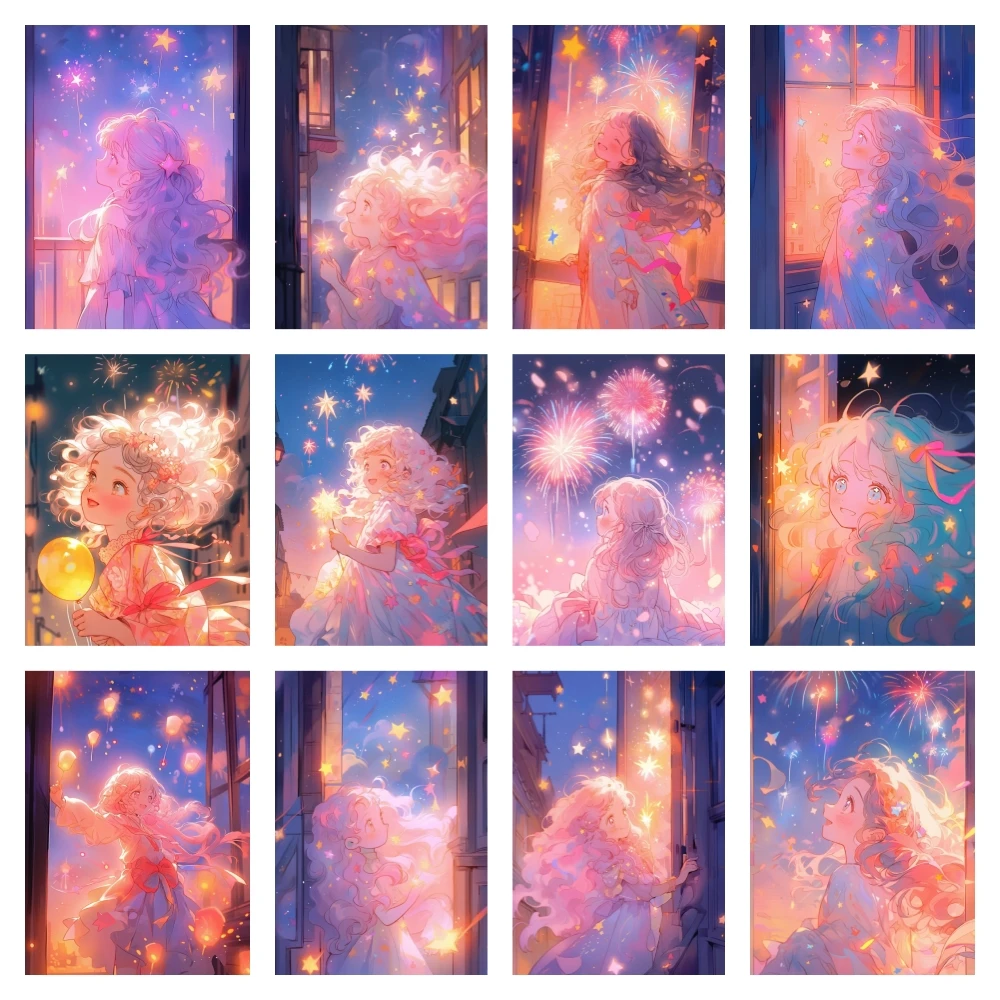 Картина из страз фейерверки и девочка милая мультяшная иллюстрация полная