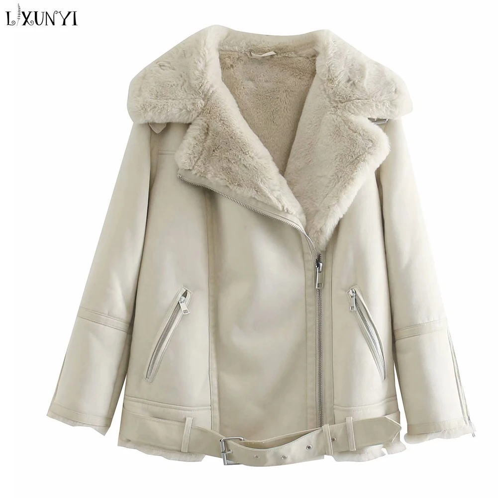 LXUNYI Suede Jackets for Women Oversized 2022 Winter New Thick Warm Faux Faux Sheepskin Fur Coat Zippers Coats With Belt