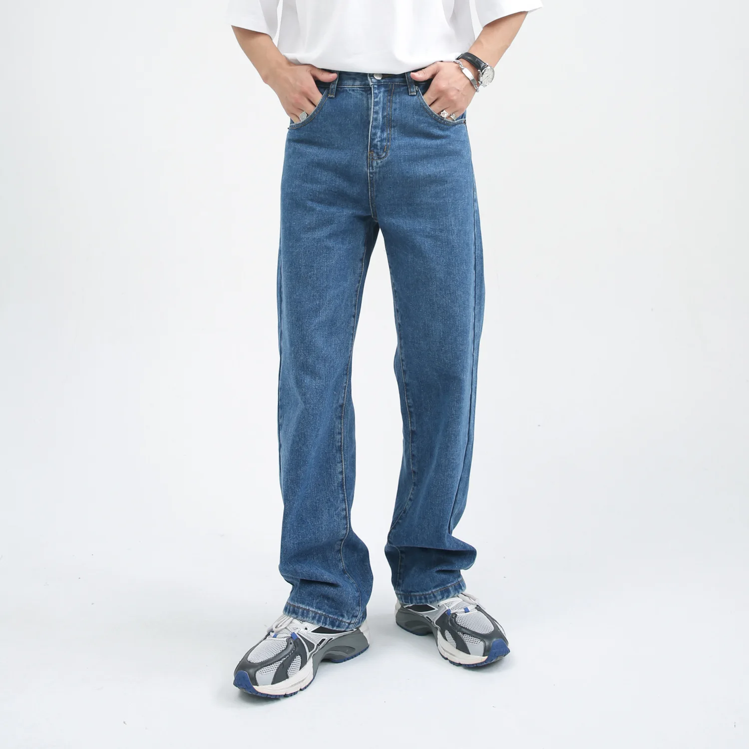 Four Seasons Men's Jeans Four Colors Loose Korean Wave Versatile Washed Ins Straight Wide Leg Pants Trend High Street Y2k Jeans