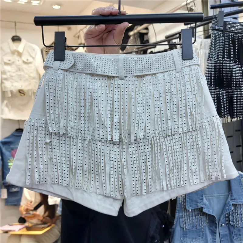 Exquisite Rhinestone Tassel Shorts Women's 2023 Summer New Fashion Sexy High Waist Slim Dance Shorts Hot Pants Wide Leg Pants