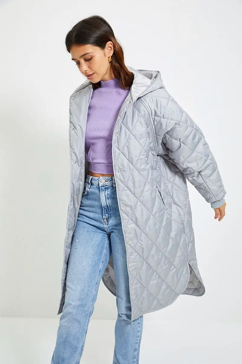 

Gray Hooded Quilted Coat