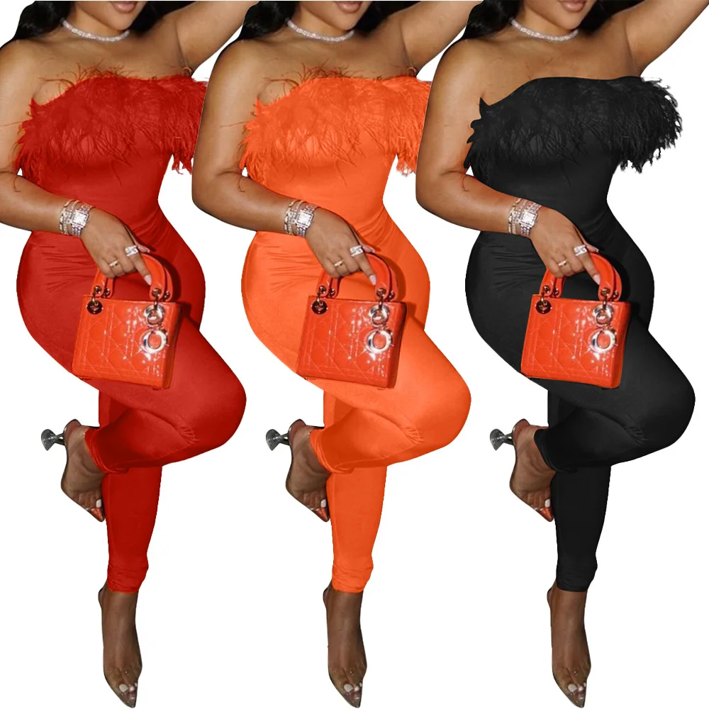 

European and American women's sexy slim feather strip tube top women's one piece trousers