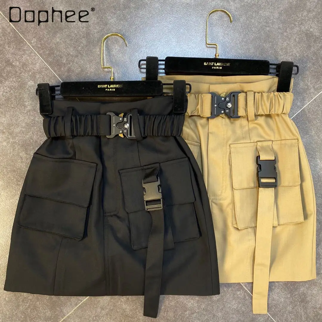 

2022 Spring New Women Casual Solid Miniskirts with Belt Nipped-Waist Pocket Streetwear Harajuku Tooling High Waist Short Skirt