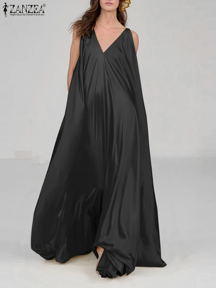 

ZANZEA Casual Yellow Dresses Holiday V-neck Vestidos 2023 Summer Party Women's Dress Fashion Sleeveless A-line Satin Long Robes