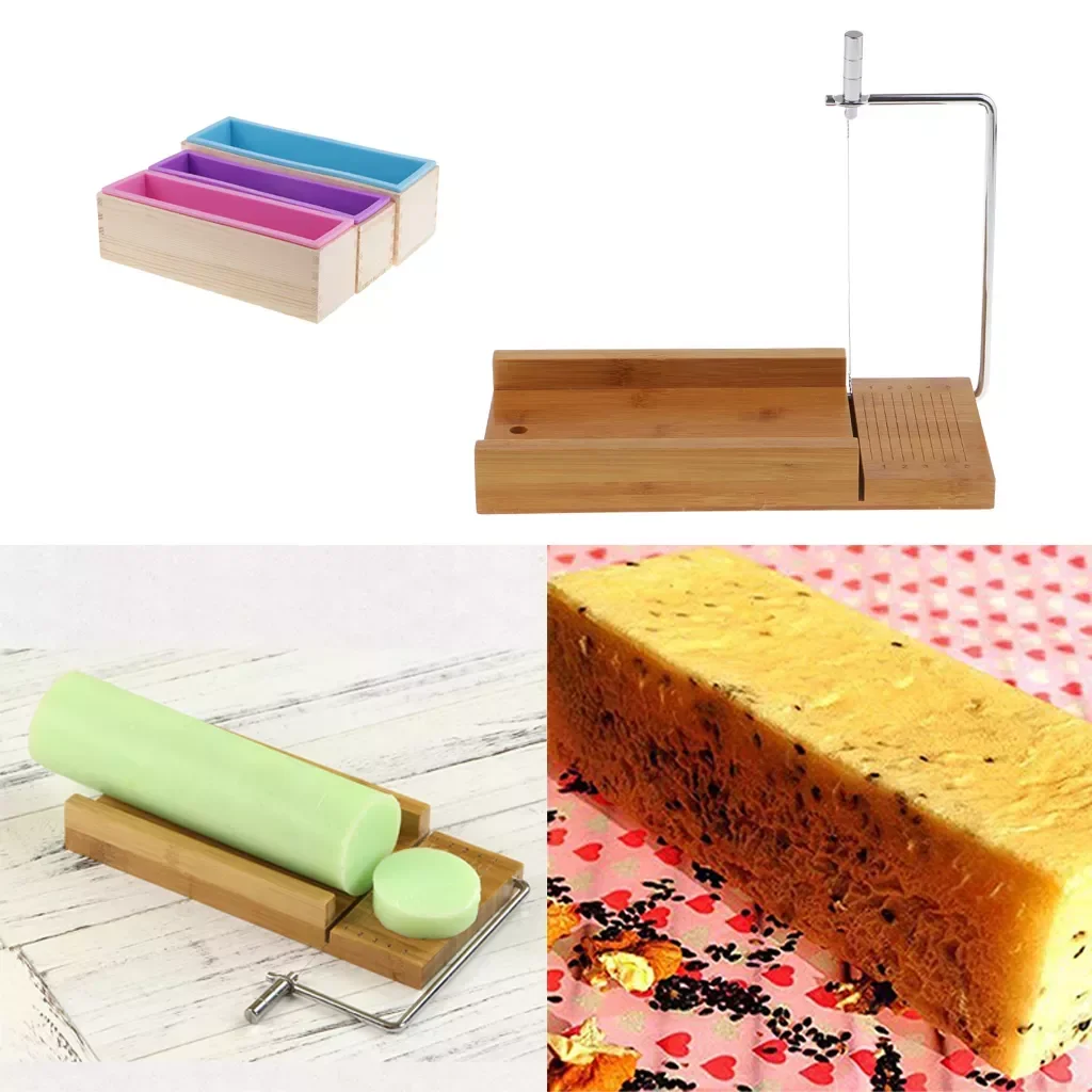 

3Pcs Wooden Box, Silicone Soap Loaf Mold Pink and 1Pcs Soap Cutter Wire Slicer, for DIY Soap/Cake/Chocolate Making Tools