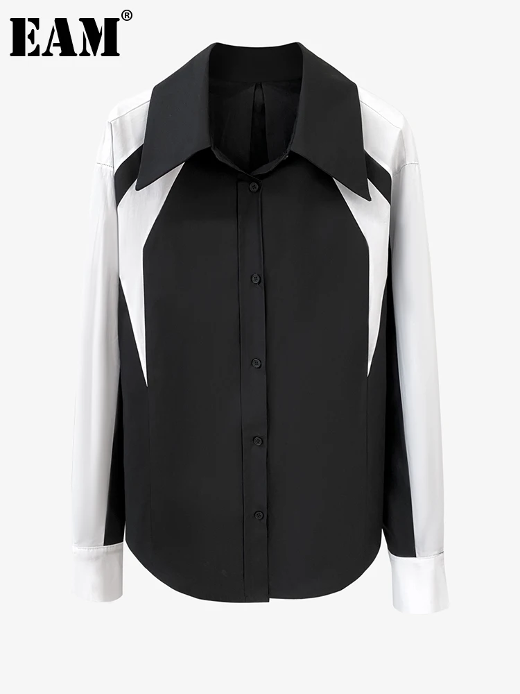 

[EAM] Women Black Color-block Big Size Blouse New Lapel Long Sleeve Loose Fit Shirt Fashion Tide Spring Autumn 2022 1DF0530