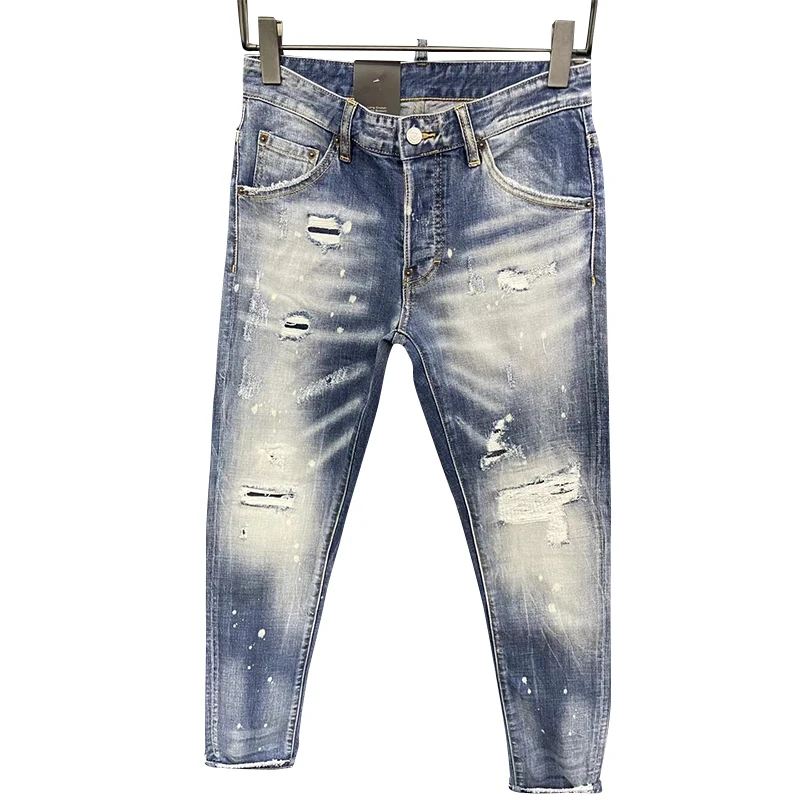 Starbags dsq four season jeans men's letter leather logo hole paint dot hip hop slim Blue Elastic Italian pop brand