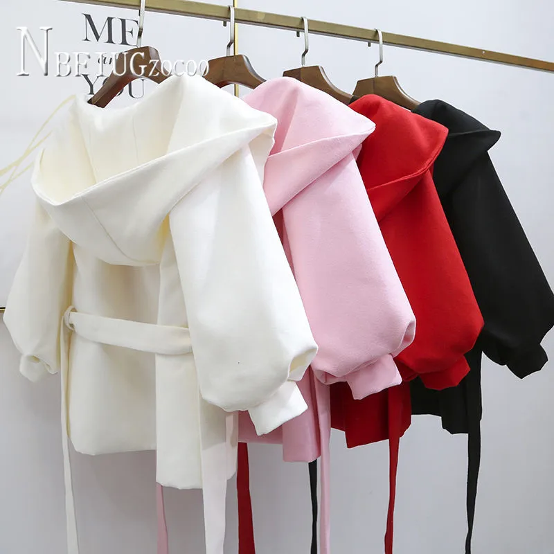 Женское шерстяное пальто однотонное с капюшоном и ремешком на талии 2020 | Женская