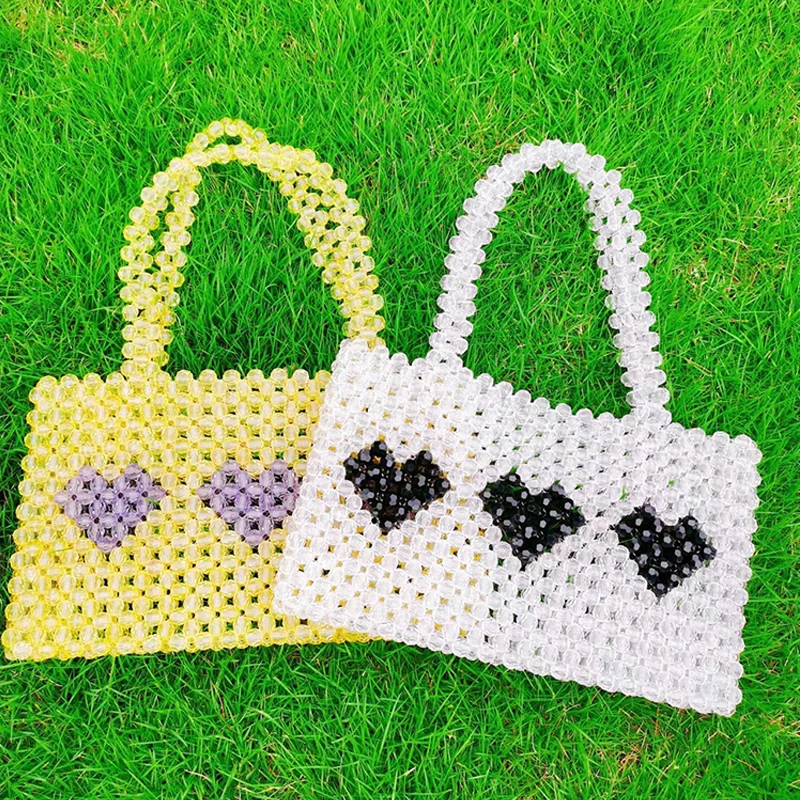 

Direct Sale Summer New Heart Ladies Bags Handbag Handmade Beaded Finished Bag Color Matching Crystal Woven Portable Bag Women