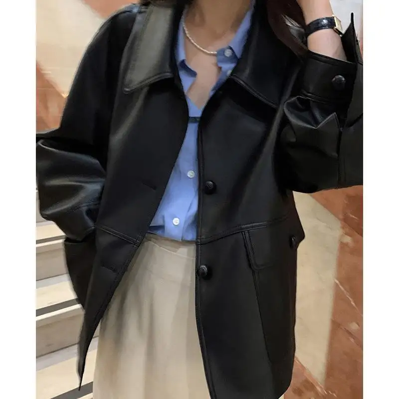 Chic Autumn Fashion Retro Lapel Motorcycle Jacket Short Loose Long Sleeved Leather Coat Women Korean Leather Blouse Jackets