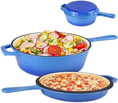 

Cast Iron 2-In-1 Skillet Set, Heavy Duty 3.2 Quart Enamel Pot and Lid Set, Deep Saucepan and Shallow Skillet Dutch Oven Nonstic