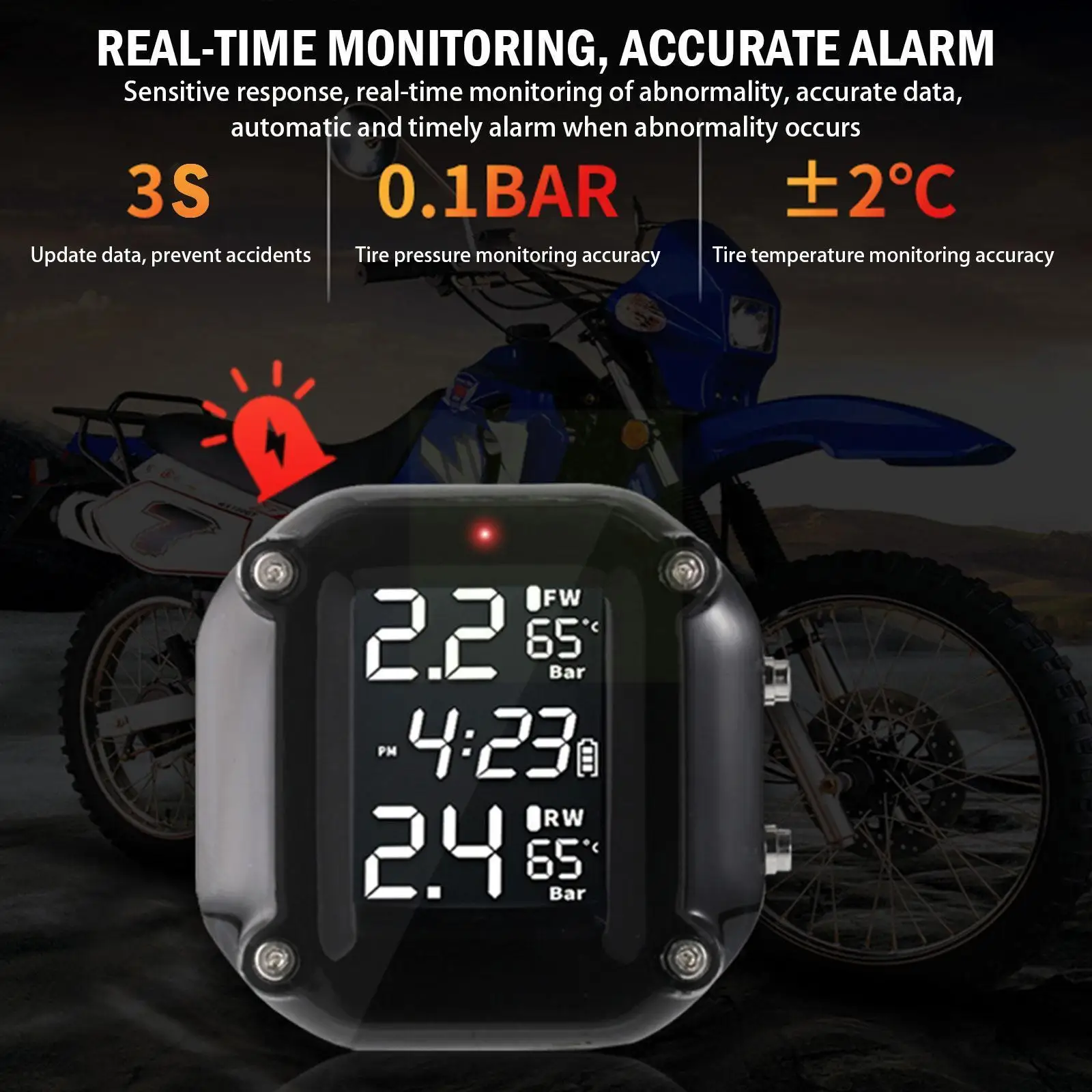 

Motorcycle TPMS Sensor LCD Display Motor Tire Pressure Sensors Charging System Monitoring Temperature 2 With USB Alarm Exte N7S5