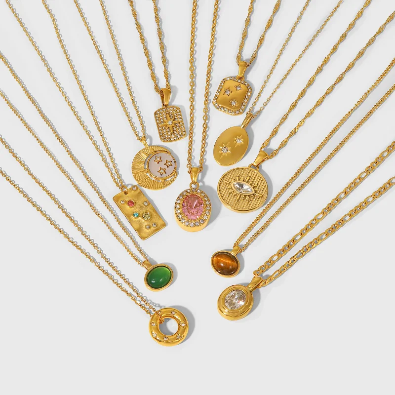 

Minar French Multiple Enamel Coin Sunburst Moon Pendant Necklaces for Women 18K Gold Stainless Steel Twist Rope Chain Necklace