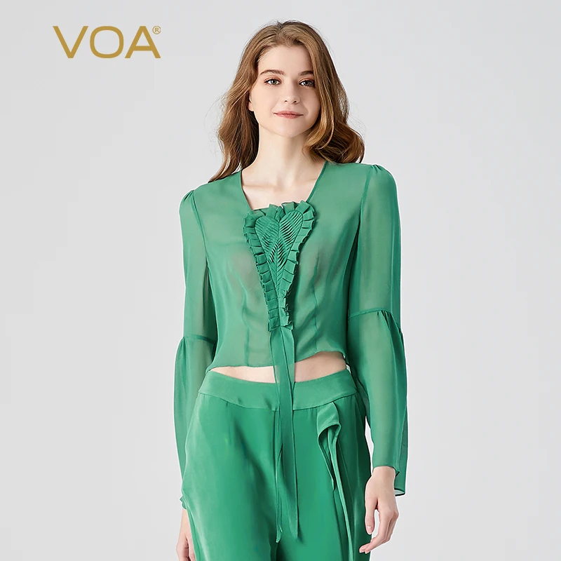 

(Fans Exclusive Discount) VOA Silk Georgette Green V-neck Long Sleeve Wood Ear Edge Peach Heart Decoration Short T-shirt BE1361