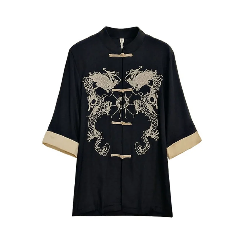 Женское платье-рубашка с вышивкой дракона черное готическое однобортное платье