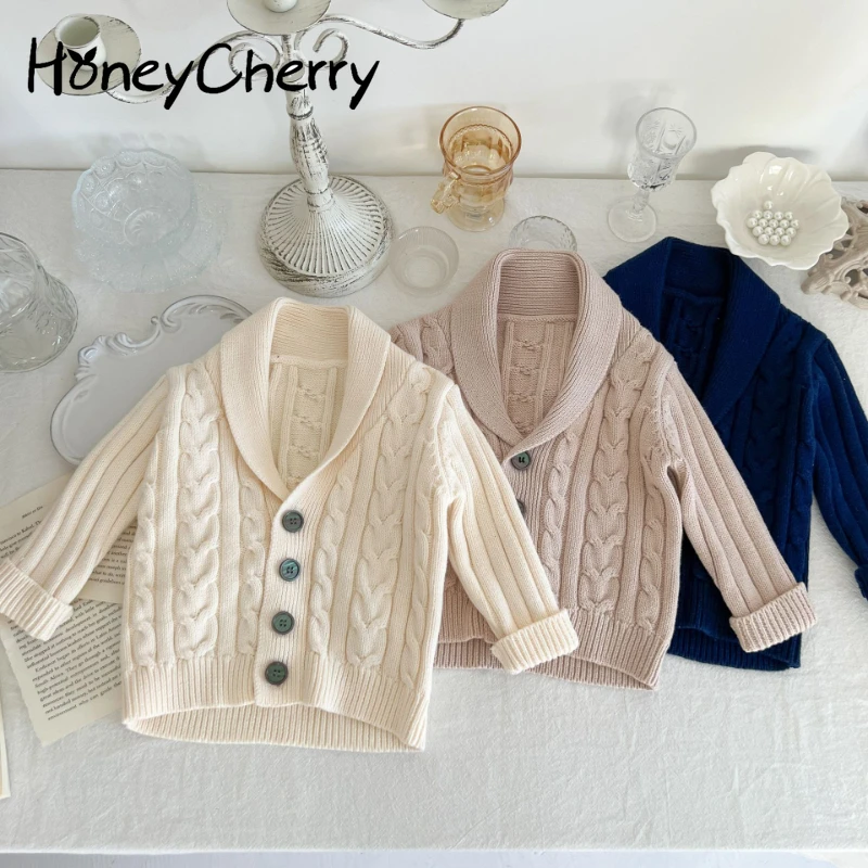 

HoneyCherry Baby Knitted Autumn And Winter Lapel Sweater Coat Baby Knitted Cotton Cardigan Coat