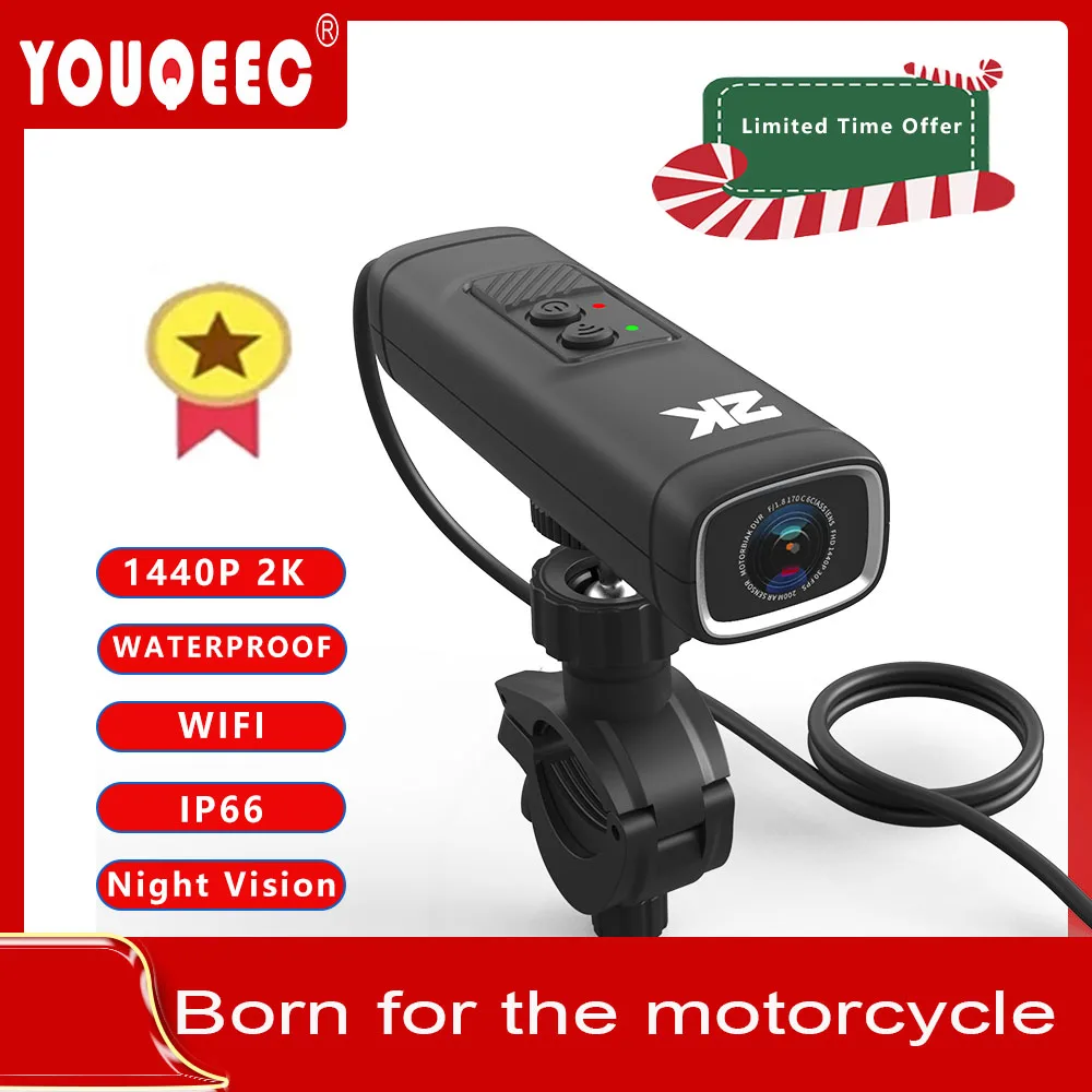 YOUQEEC รถจักรยานยนต์อุปกรณ์บันทึกวิดีโอกล้อง2K 1440P จักรยานยนต์ขี่กล้องหมวกกันน็อคกล้อง Wifi มอเตอร...