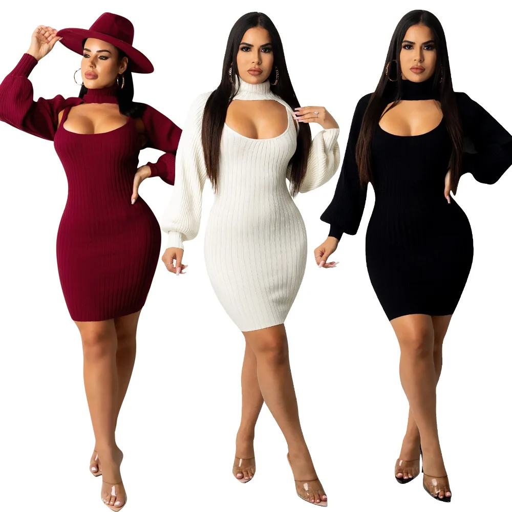 

Соблазнительные костюмы Chiclover для клуба для женщин, однотонные комплекты мини-платьев с рукавами-фонариками, ребристый комплект из двух пре...