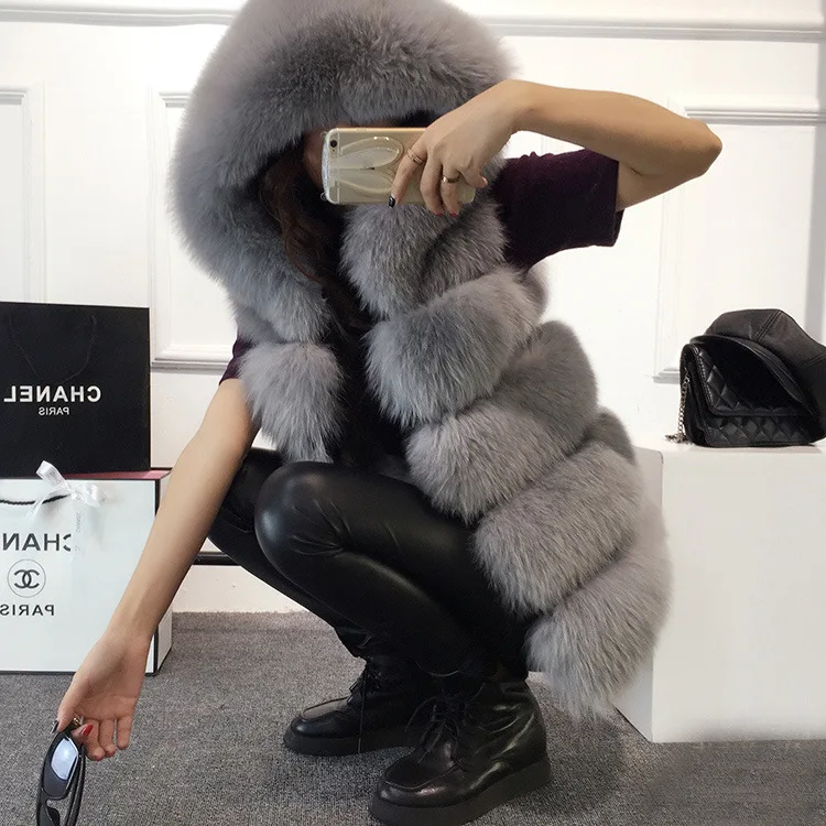 2023 Fashion Autumn/Winter Fur Medium Long Coat Very Big Hat, Vest, Fur Coat