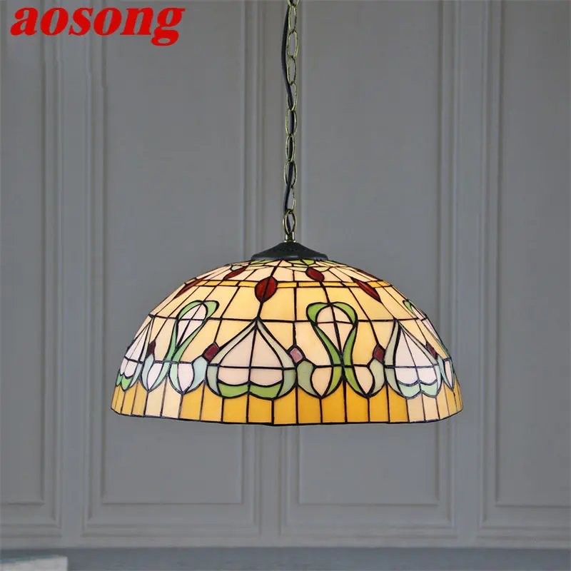 

AOSONG Tiffany Glass Pendant Lamp LED Creative Pattern Vintage Hanging Light Decor for Home Dining Room Bedroom Hotel