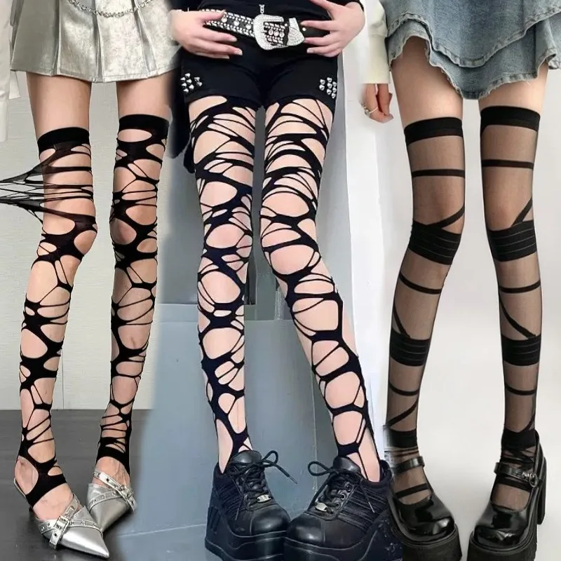Женские колготки в стиле панк с рваными ремнями