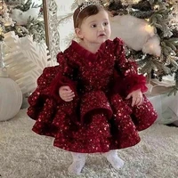 burgundy baby dresses for chrismas full sleeve sequined new flower girl dresses winter kid gowns special occasion fille robe