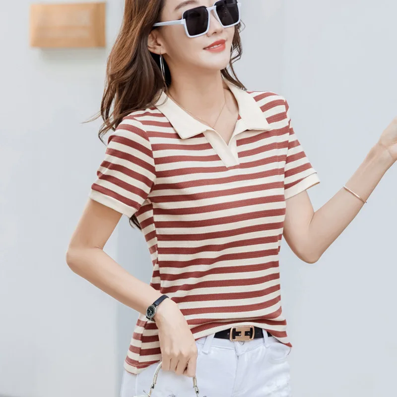 #0420 летняя полосатая футболка с отложным воротником тонкая короткая Женская