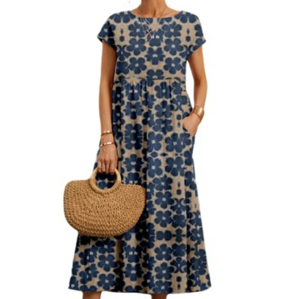 

Женское Хлопковое платье-трапеция с принтом, свободное облегающее платье из конопли со средней талией и круглым вырезом без рукавов, лето 2023