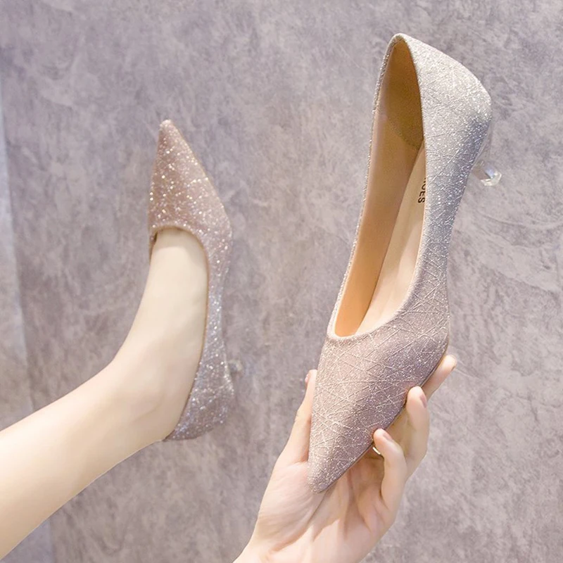 

Slimming Shoes Casual Heels Sandals Ladies Slip On Pointed Pumps Shallow Mouth Lace-Up Bling Bling All-Match Low Comfortable Afr