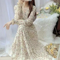 french gentle wind floral chiffon dress female spring and autumn long sleeved waist v neck fairy temperament large swing long sk