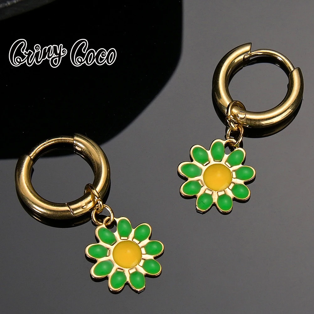 

Cring Coco Hoops Earrings Stainless Steel Daisy Sun Flower Hoop Earring 2022 New Fashion Earing for Women Girls Party Jewelry