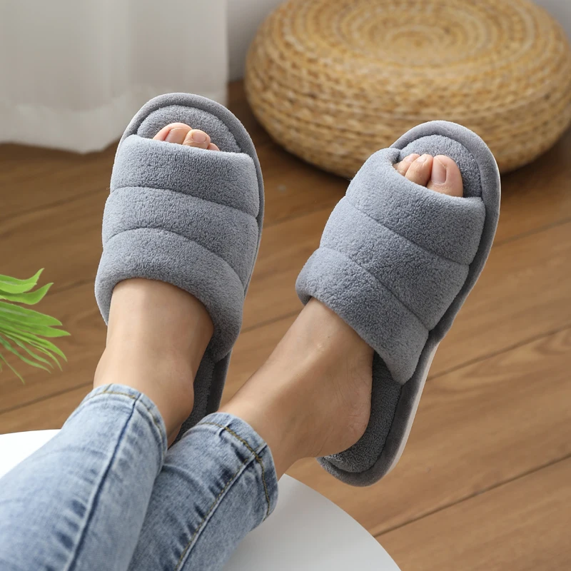 

Plush House Slippers For Women And Man Open Toe Cozy Cotton Shoes Indoor Outdoor Flat Soft Breathable Sandals FW0188