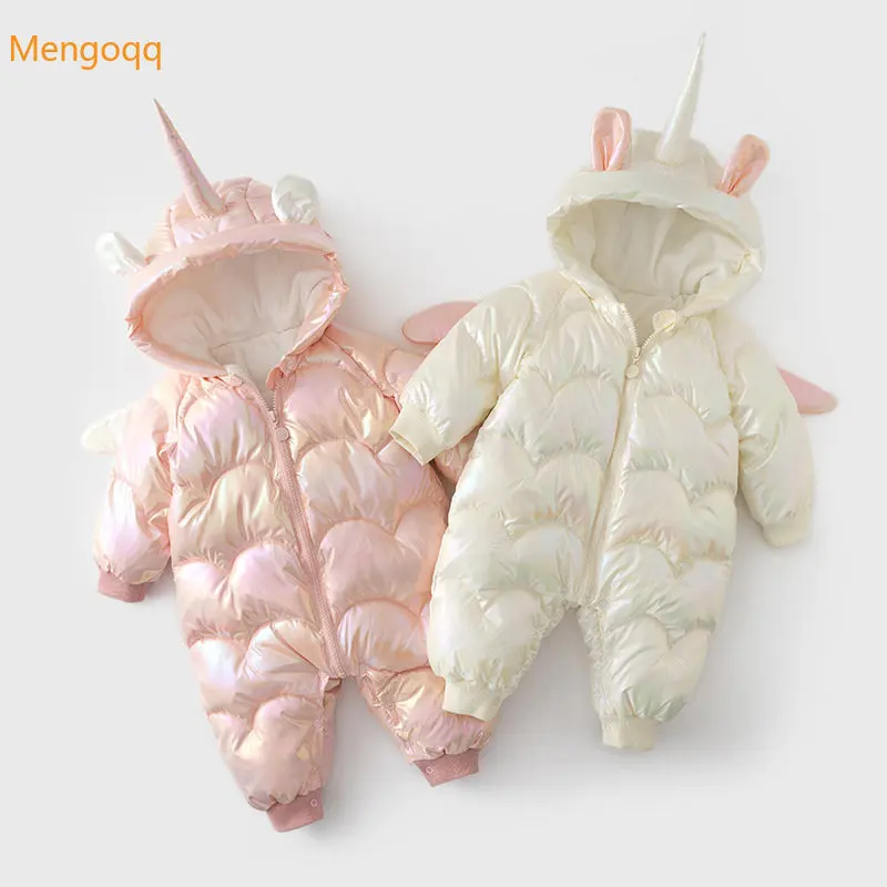 

Mengoqq Infant Girl Princess Autumn Winter New Hooded Full-sleeved Thickened Zipper Unicorn Solid Color Warm Casual Romper 0-24M