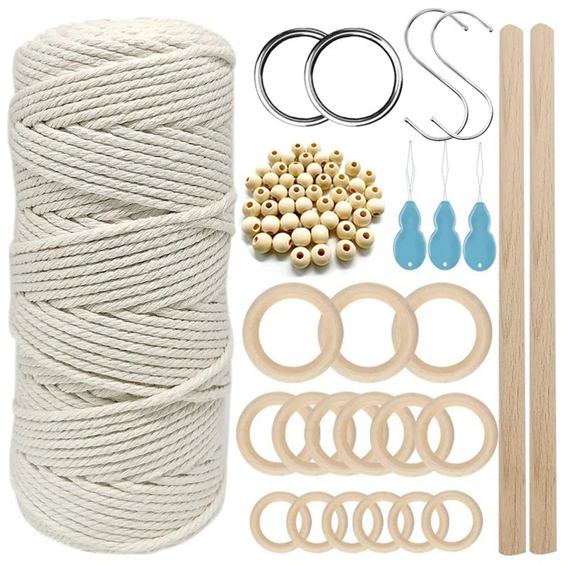 

Macrame Cotton Cord 3Mm With Macrame Beads Wooden Rope Wooden Rod With Hooks For Plant Wall Hangers Macrame Kit