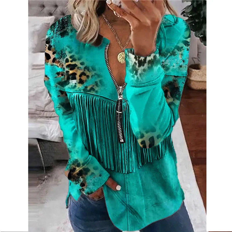 

Женский свободный пуловер с бахромой в стиле ретро, Модный свитшот с длинным рукавом и абстрактным принтом, Повседневная Женская толстовка с капюшоном и полуоткрытой молнией, футболка