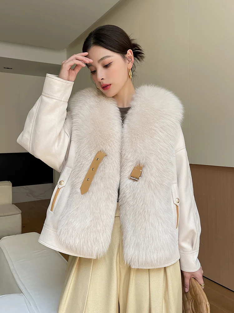 New Women Short Real Fur Coat Autumn Winter Fashion Thick Warm Fox Fur Patchwork Suede Double-faced Fur Jacket Loose Outerwear