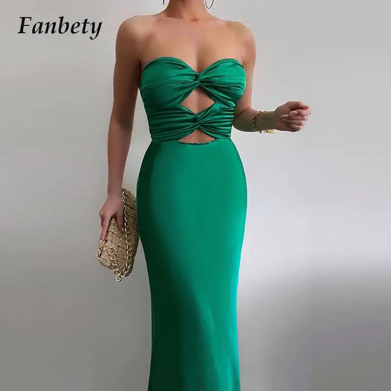 

Женское атласное платье без бретелек, элегантное облегающее длинное платье без рукавов с открытыми плечами и открытой спиной