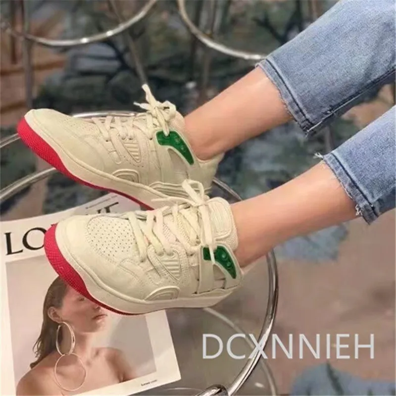 

red blue Women Sneakers Platform Shoes Woman Thick Bottom Flat Shoes Lace-up Casual Loafers Ladies Genuine Leather Flats 2022