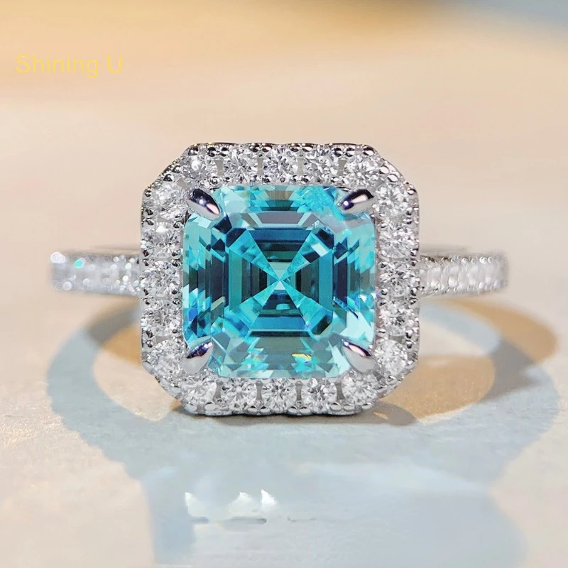 

Shining U Silver High Carbon Diamond 3ct Square Full Gems Aquamarine Ring for Women Asscher Cut Fine Jewelry Banquet