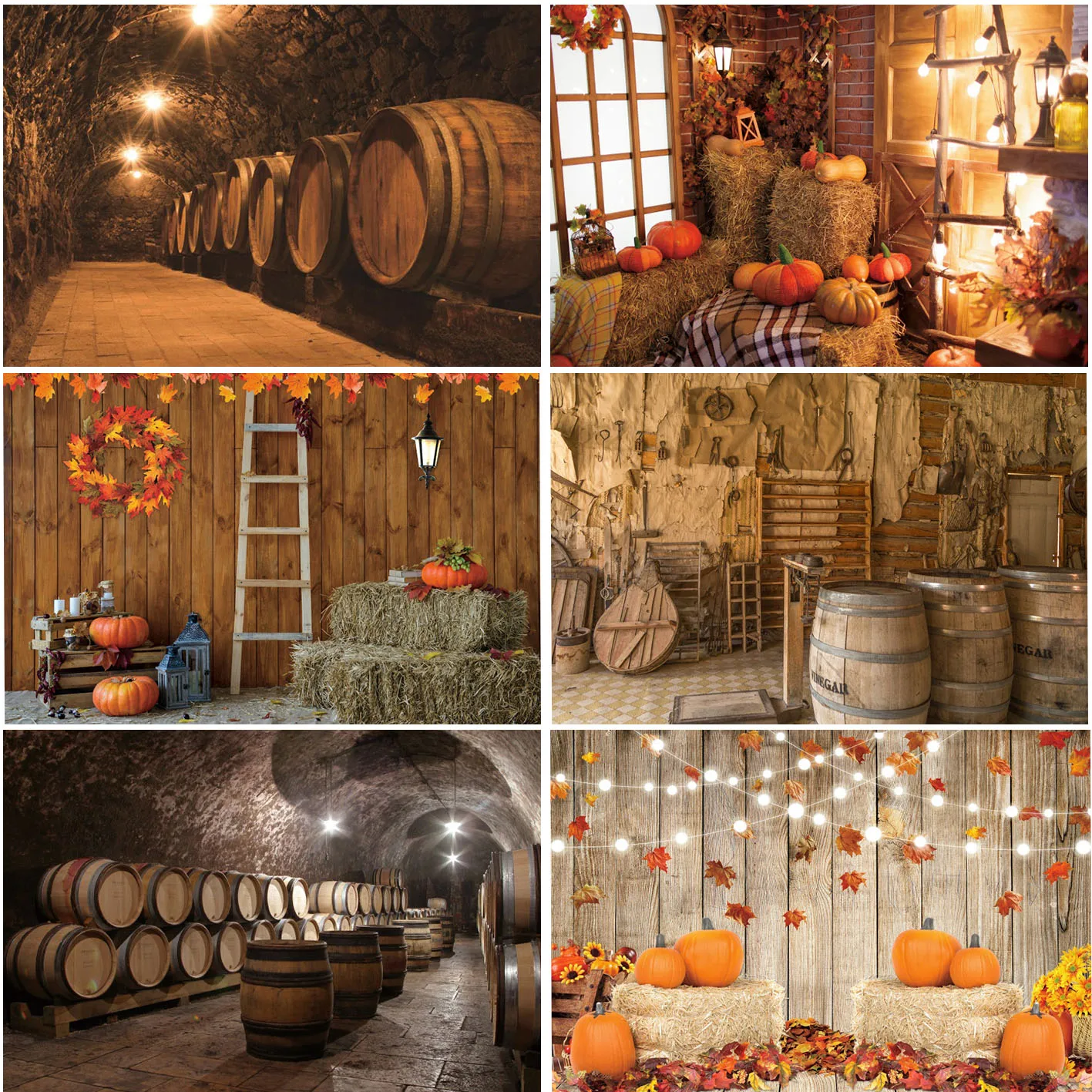 

Old Wine Cellar Cave Wooden Leaves Light Pumpkin Backgrounds Home Decoration Portrait Photographic Photo Booth Studio Backdrops