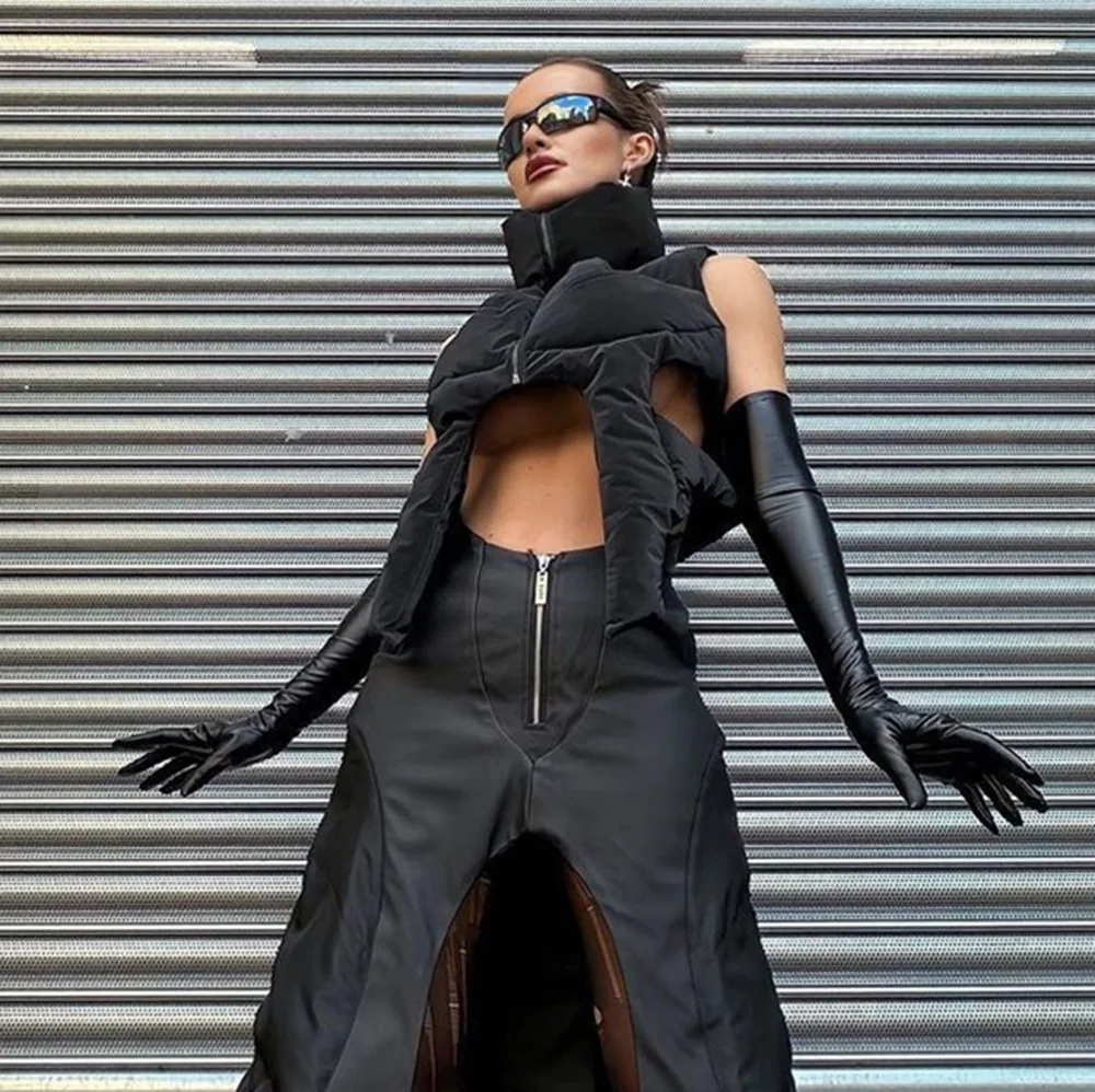 

Women 2023 Autumn Winter Zip-up Cotton Coats Fashion Stand Collar Hollow Out Sleeveless Vest Outerwears Jacket Streetwear Black