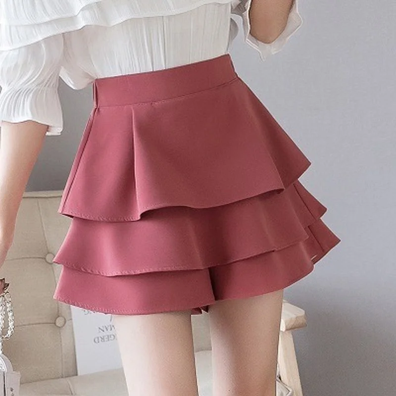 

Summer Women High Waist Elegant Loose Wide Leg Cake Shorts Female 2021 Spring Summer Layered Ruffles Tulle A-line Shorts Skirts