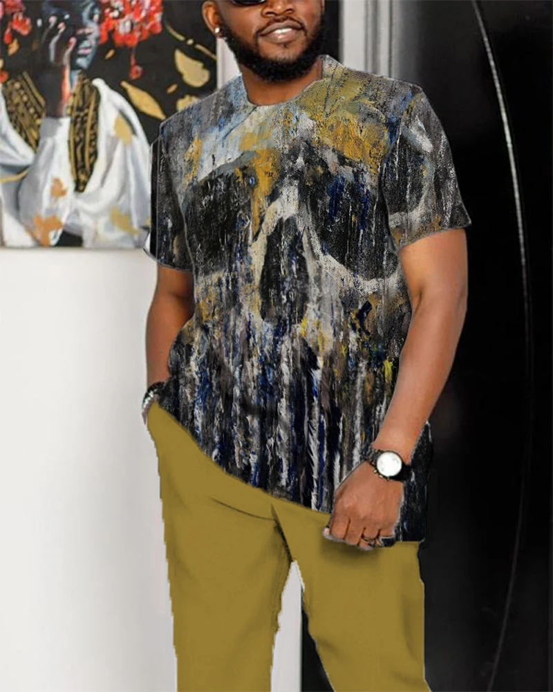 

Men's Tie Dye Patterned Short Sleeve Pants Suit