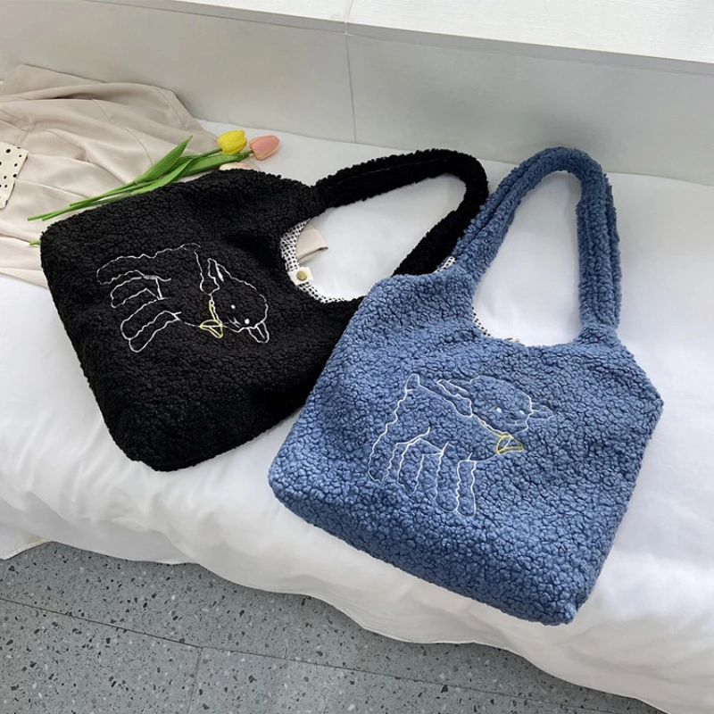 

Winter Women Small Plush Tote Simple Warm Cloth Bags Embroidery Handbag High Quality Eco Makeup Bag Purses for Girls