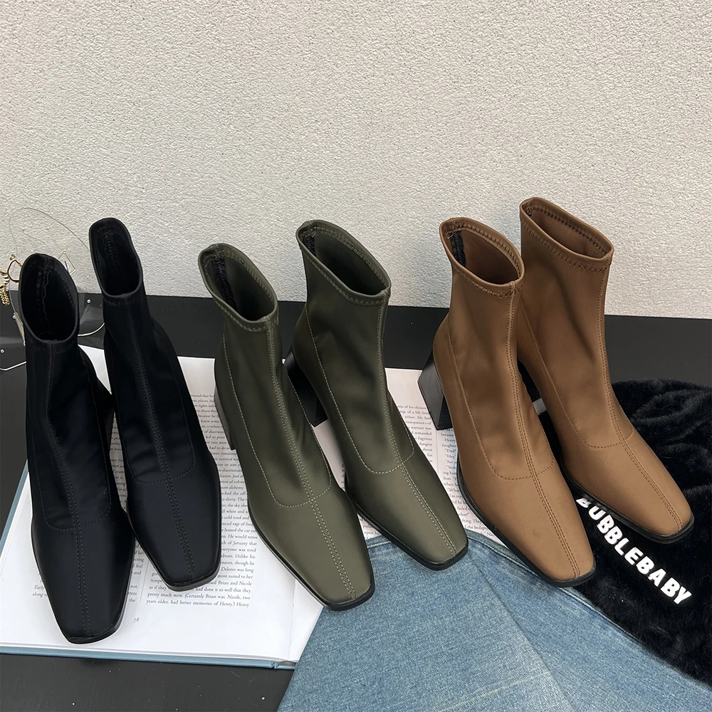 

Ботильоны женские Стрейчевые из лайкры, туфли-лодочки на плоском среднем каблуке, без застежки, классические ботинки, черные коричневые зел...